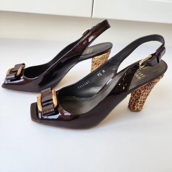 Stuart Weitzman Brown Patent Leather Slingback Heels Woven Block Heel Bows 9.5 M - Picture 8 of 15